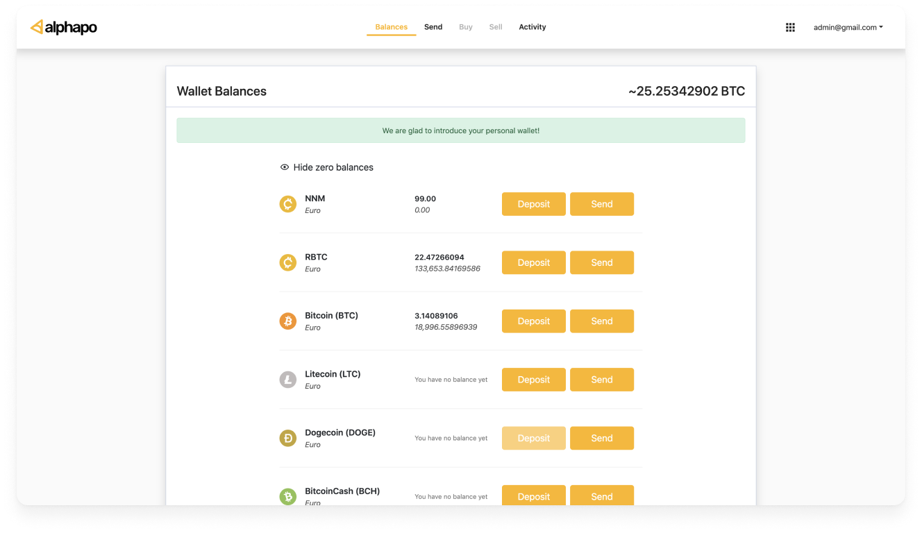 AlphaPo merchant dashboard showing wallet balances across digital currencies